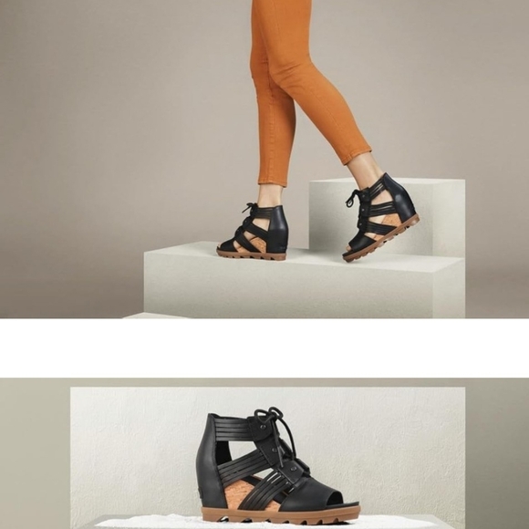 Sorel Shoes - Sorel Joanie II Lace Huarache Black and Tan Wedge Sandals. Size 7.5
